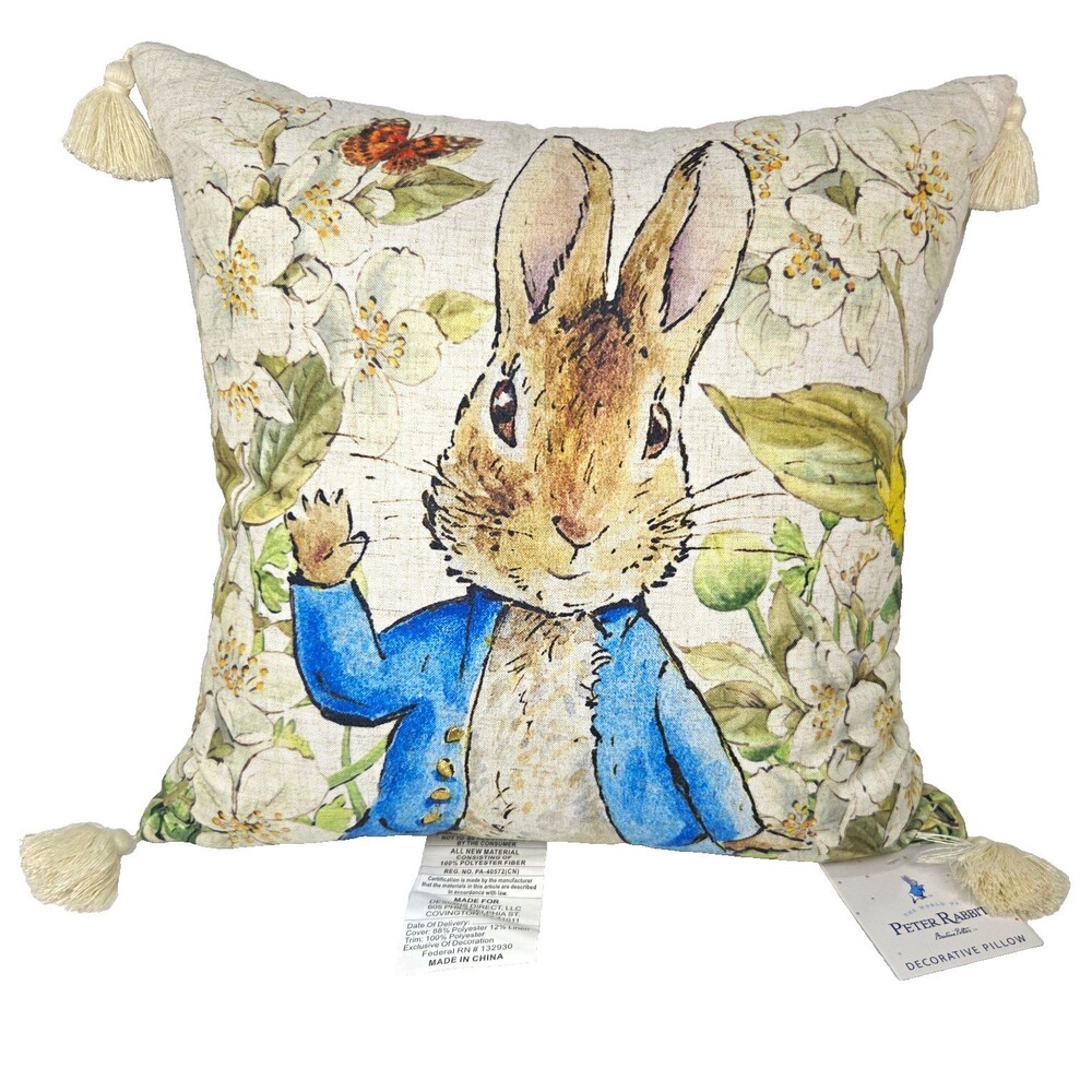 World of Peter Rabbit Decorative Throw Pillow 18 x 18" Floral Tassels NEW